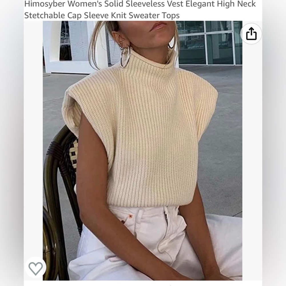 Sleeveless padded shoulder sweater tank in cream color